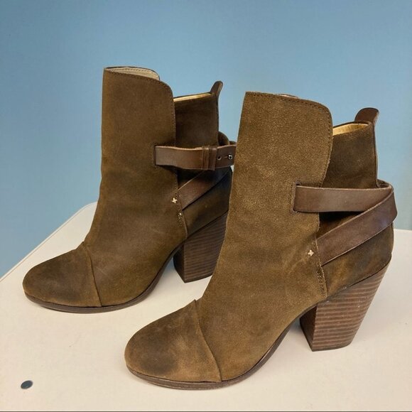 RAG & BONE Sz 38 Harrow Suede Tan Brown Booties w/  Straps Stalked 3.5” Heel - Picture 4 of 10